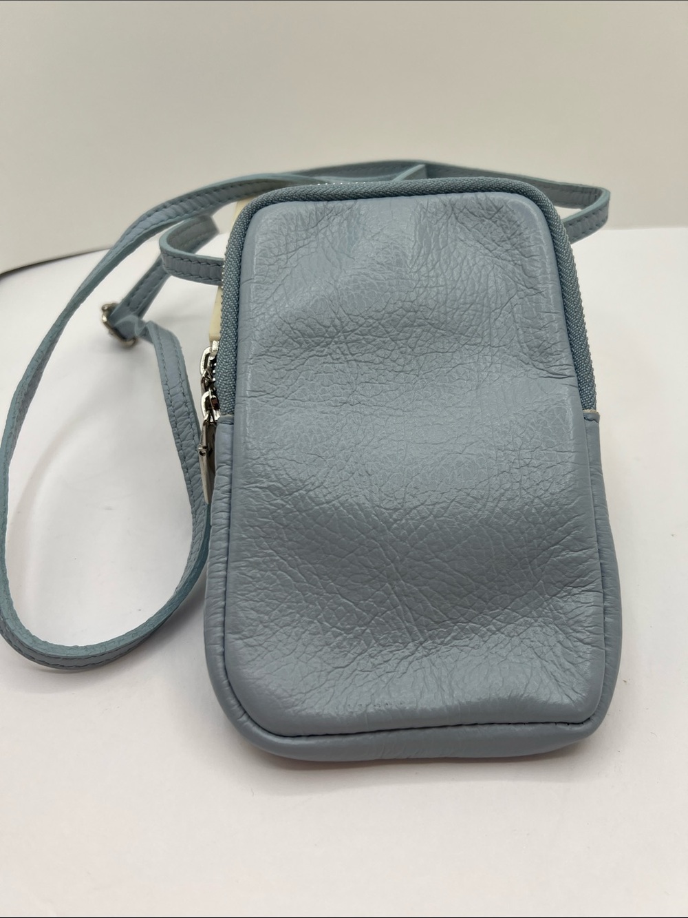 Minimalist Crossbody Made in Italy Leather Phone Pouch in Light Blue